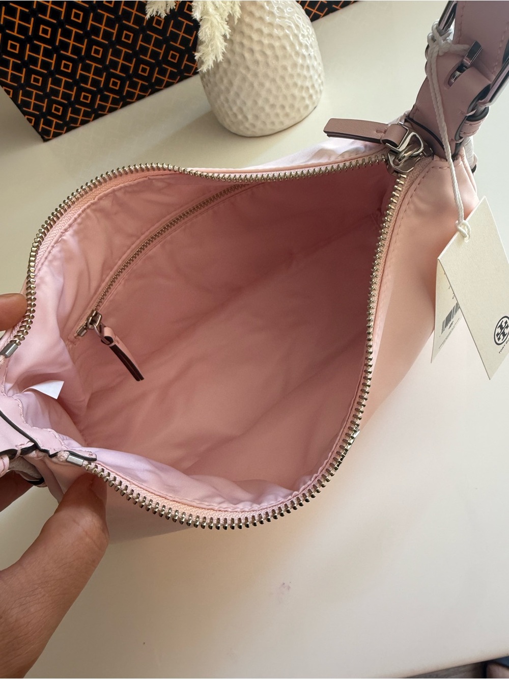 NWT , NYLON SMALL ZIP TOP SHOULDER BAG coral pink $300 - Picture 6 of 11